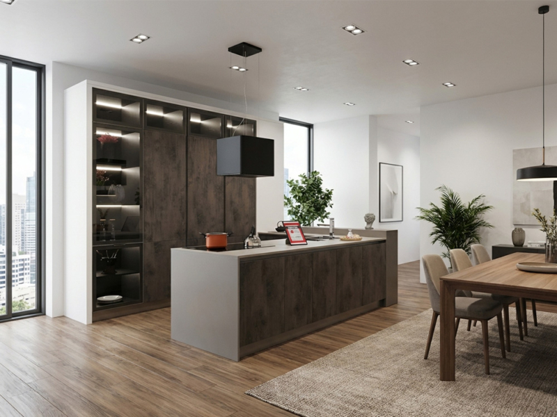 Cucina Angolare con Colonne, Penisola e Libreria