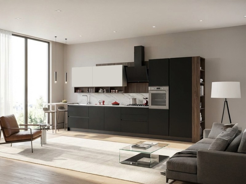 Cucina Lineare Nero E Legno Con Colonne