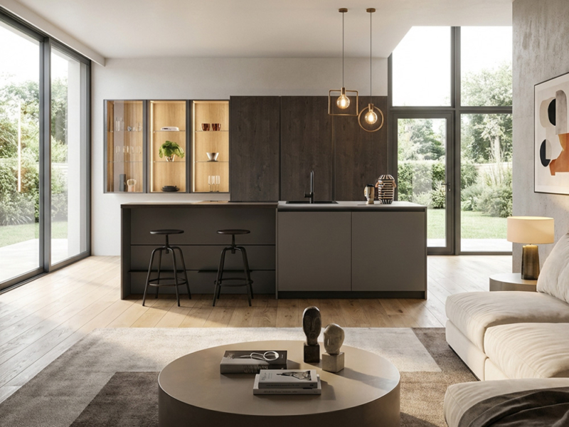 Cucina Moderna con Isola e Piano Snack Grigio e Rovere