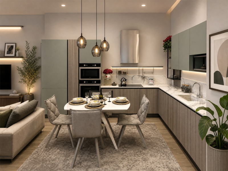 Cucina Angolare con Gola in Finitura Eucalipto Grigio