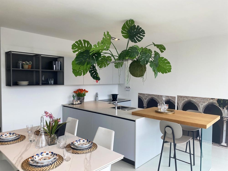 Cucina Moderna Con Penisola E Sostegno In Vetro
