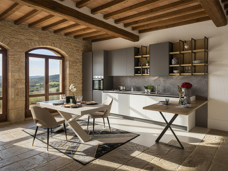 Cucina Lineare Moderna Con Tavolo Integrato