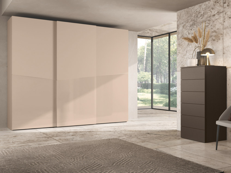 Armadio ad ante scorrevoli Tomlis 05A con specchio, nero / rovere