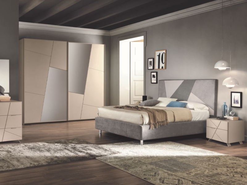 Moderno interiore camera da letto con letto in legno e scaffale in