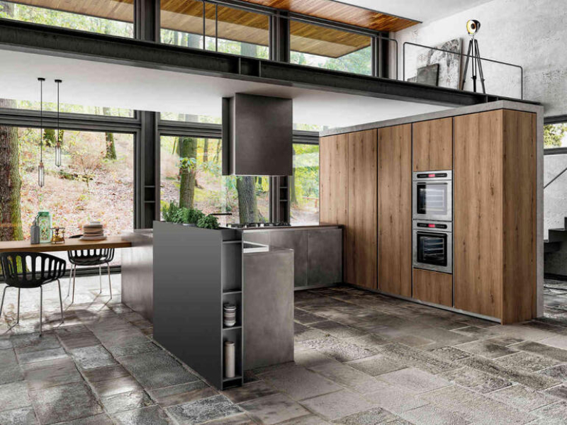 Cucina con isola e cappa d'aspirazione di design